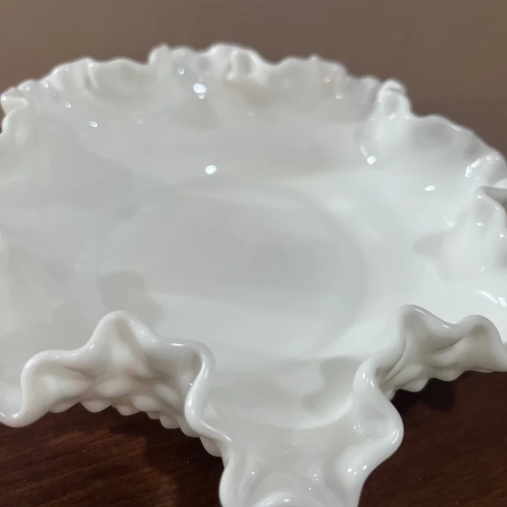 Vtg Fenton Hobnail Milk Glass Ruffled Edge Bowl White 8 Inch Candy Dish